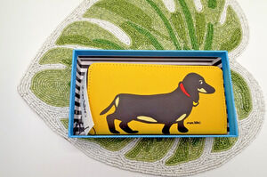 Marc Tetro Dachshund Puppy Dog Zip Around Wallet Yellow Vegan PVC NWT